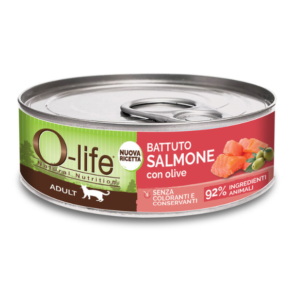 foto del prodotto o life cat adult grain free battuto 85 gr salmone con olive confezione da 6 pezzi cibo umido per gatti 1 ordine scegli lo sconto bzr5 bzr20 200 punti fedelt 