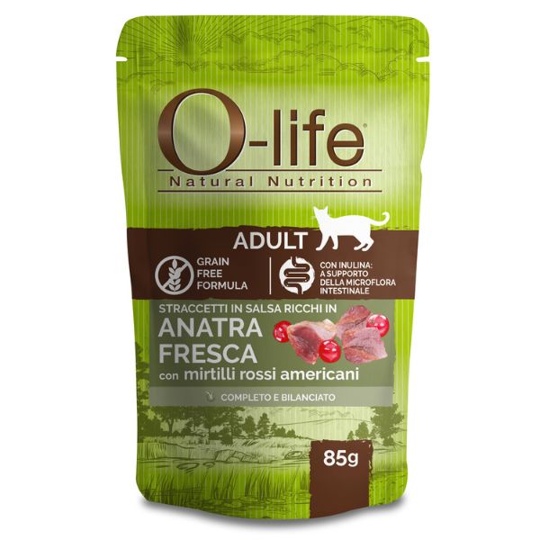 foto del prodotto o-life cat adult grain free straccetti in salsa 85 gr - anatra fresca con mirtilli rossi - confezione da 6 pezzi - cibo monoproteico gatto - spedizione gratis da 39€