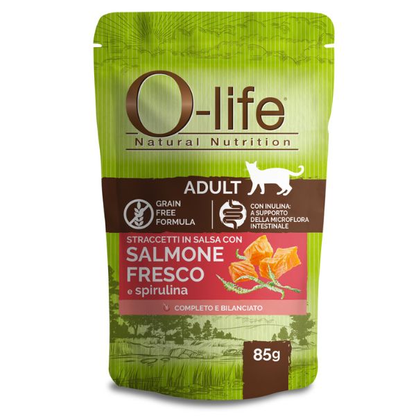 foto del prodotto o-life cat adult grain free straccetti in salsa 85 gr - salmone fresco e spirulina - confezione da 6 pezzi - cibo monoproteico gatto - spedizione gratis da 39€