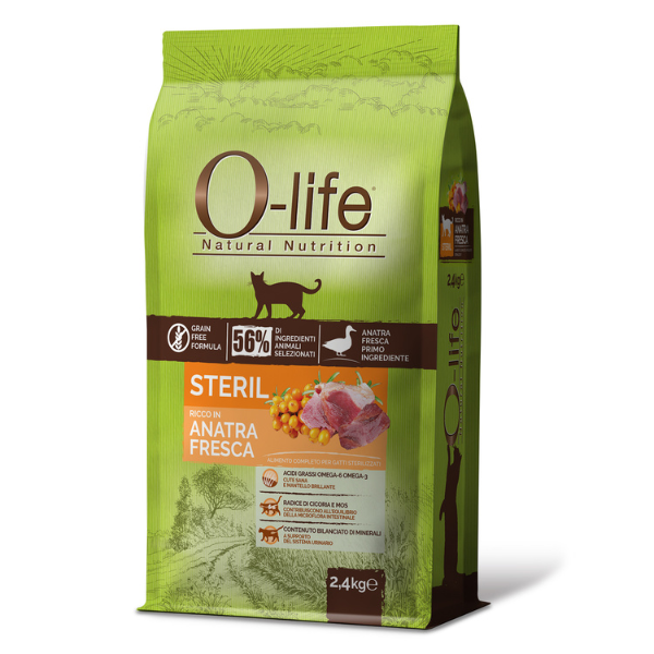 foto del prodotto o life cat adult sterilised grain free anatra fresca 2,4 kg 1 ordine scegli lo sconto bzr5 bzr20 200 punti fedelt 