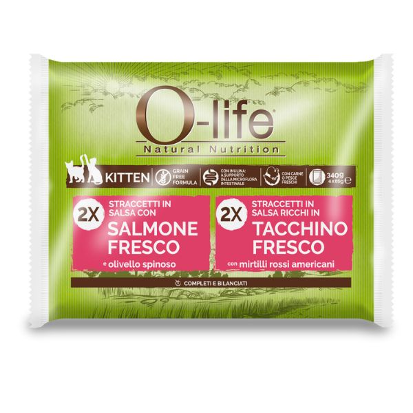 foto del prodotto o-life cat kitten grain free straccetti in salsa multipack 4x85 gr - o-life multipack gatto 2x salmone fresco - 2x tacchino fresco - cibo monoproteico gatto - spedizione gratis da 39€