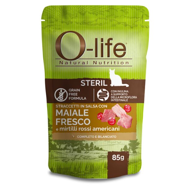 foto del prodotto o-life cat sterilised grain free straccetti in salsa 85 gr - maiale fresco - confezione da 6 pezzi - cibo monoproteico gatto - spedizione gratis da 39€