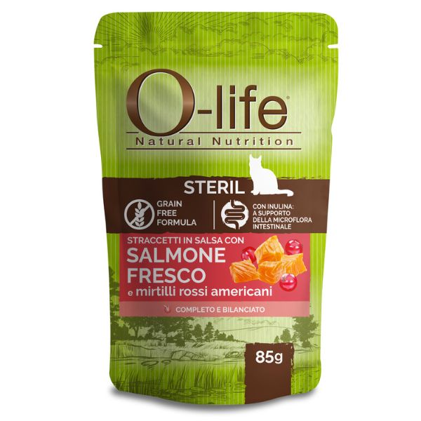 foto del prodotto o-life cat sterilised grain free straccetti in salsa 85 gr - salmone fresco - confezione da 6 pezzi - cibo monoproteico gatto - spedizione gratis da 39€