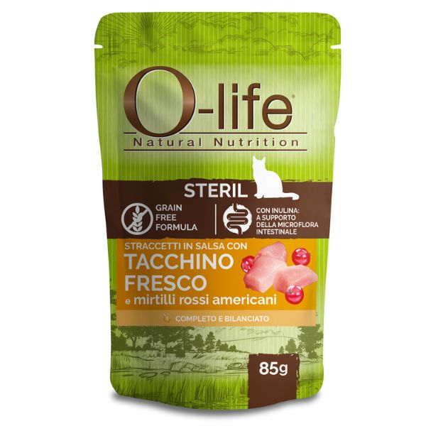 foto del prodotto o-life cat sterilised grain free straccetti in salsa 85 gr - tacchino fresco - confezione da 6 pezzi - cibo monoproteico gatto - spedizione gratis da 39€