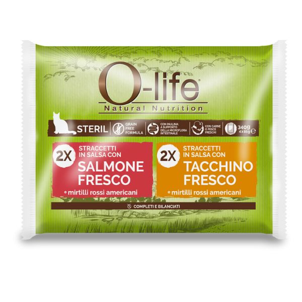 foto del prodotto o life cat sterilised grain free straccetti in salsa multipack 4x85 gr o life multipack gatto 2x salmone fresco 2x tacchino fresco cibo monoproteico gatto 1 ordine scegli lo sconto bzr5 bzr20 200 punti fedelt 