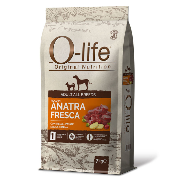 foto del prodotto o-life dog adult all breeds grain free anatra e piselli - 7 kg - 1 ordine scegli lo sconto bzr5 bzr20 200 punti fedeltà