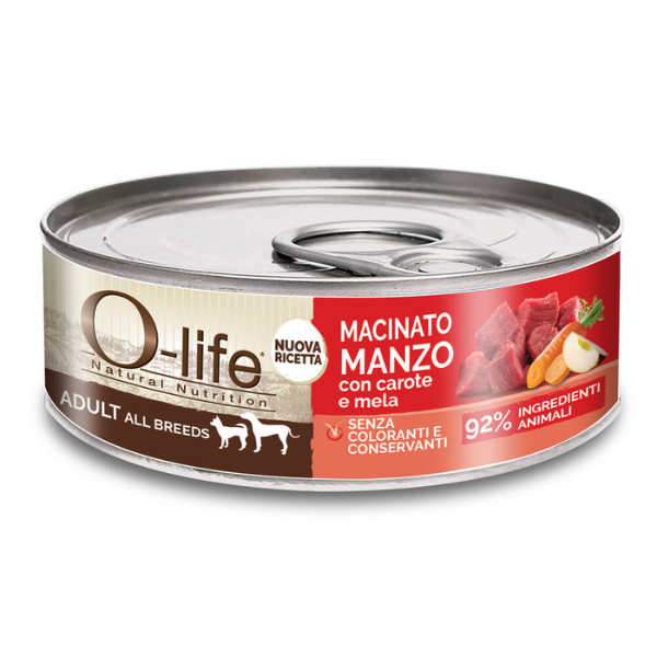 foto del prodotto o life dog adult all breeds macinato 85 gr manzo con carote e mela confezione da 6 pezzi cibo umido per cani 1 ordine scegli lo sconto bzr5 bzr20 200 punti fedelt 