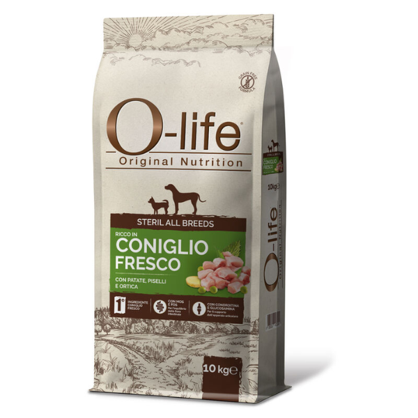 foto del prodotto o-life dog sterilised all breeds grain free coniglio e patate - coniglio e patate da 10 kg - 1 ordine scegli lo sconto bzr5 bzr20 200 punti fedeltà