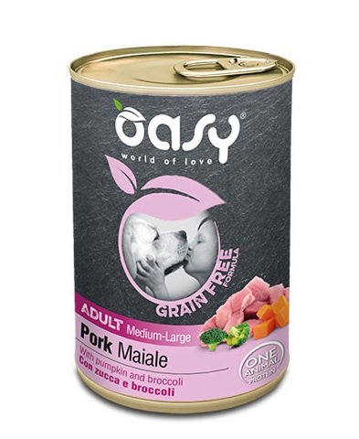 foto del prodotto oasy cane grain free adulto medium amp large tocchetti di maiale, zucca amp broccoli 400 gr
