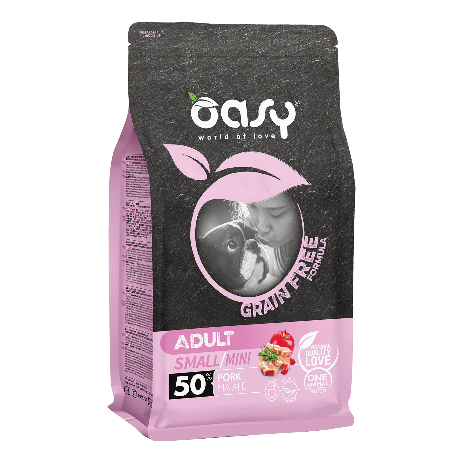 foto del prodotto oasy cane grain free adulto small amp mini maiale 800 gr