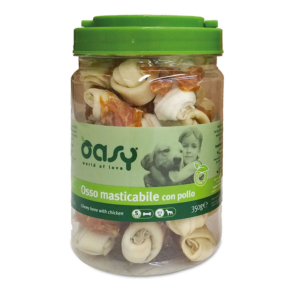 foto del prodotto oasy cane snack barattolo osso masticabile con pollo tg.s 350 gr