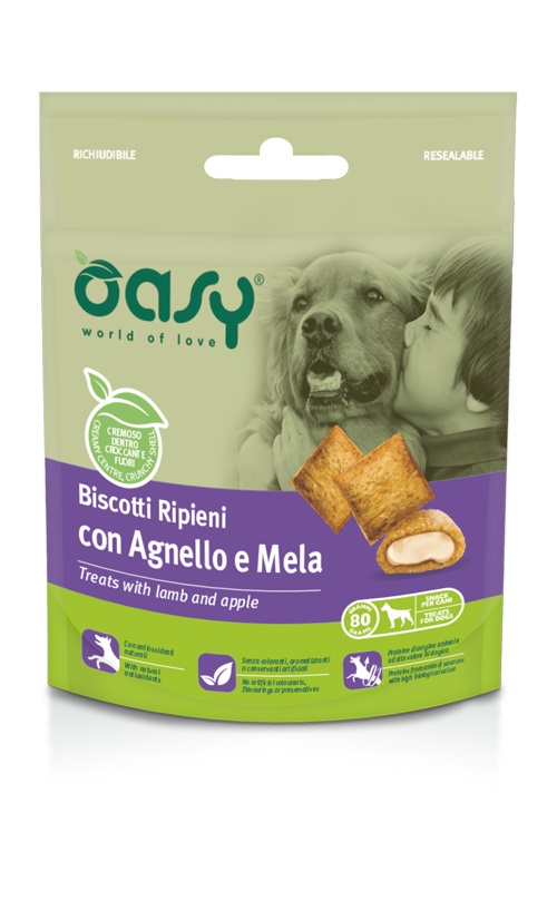 foto del prodotto oasy cane snack biscotti ripieni adulto agnello &amp; mela 80 gr
