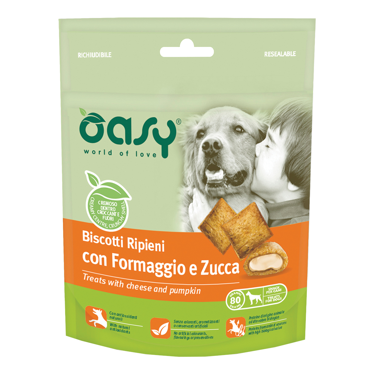 foto del prodotto oasy cane snack biscotti ripieni adulto formaggio amp zucca 80 gr