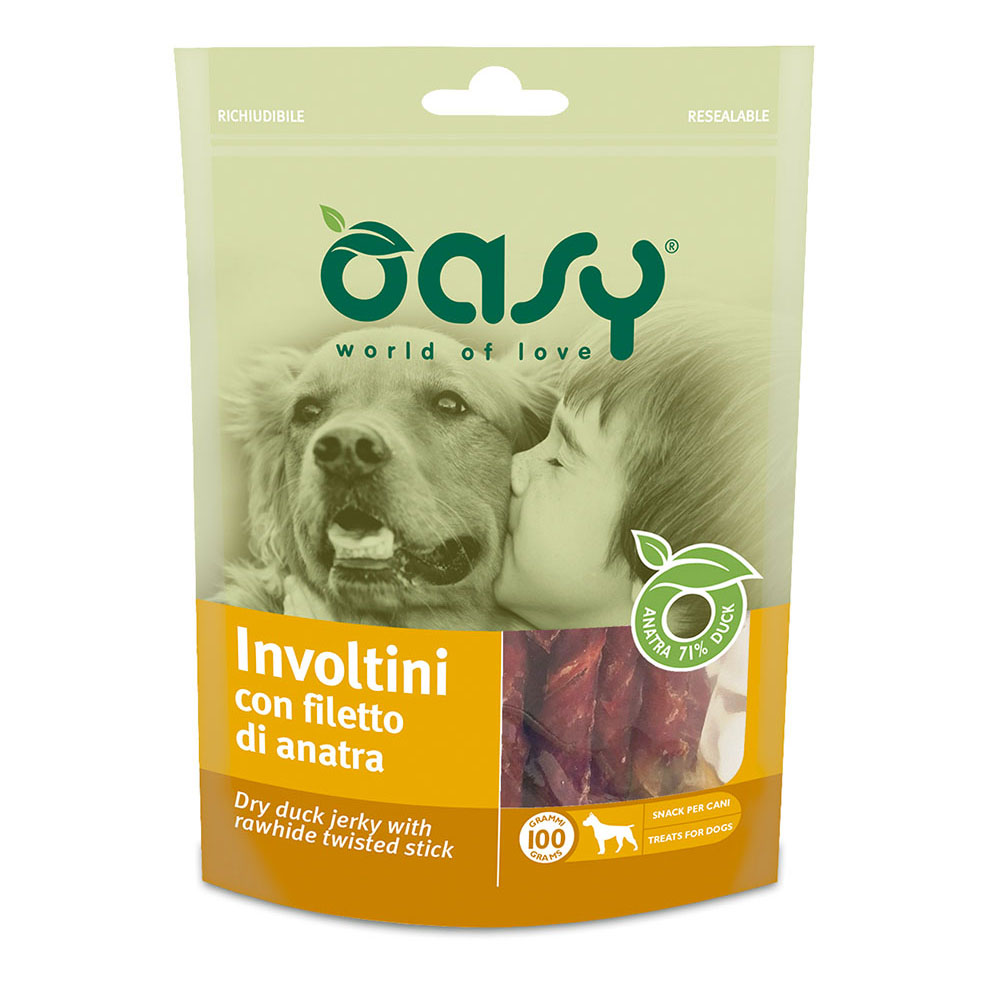 foto del prodotto oasy cane snack busta involtini con filetto di anatra 100 gr