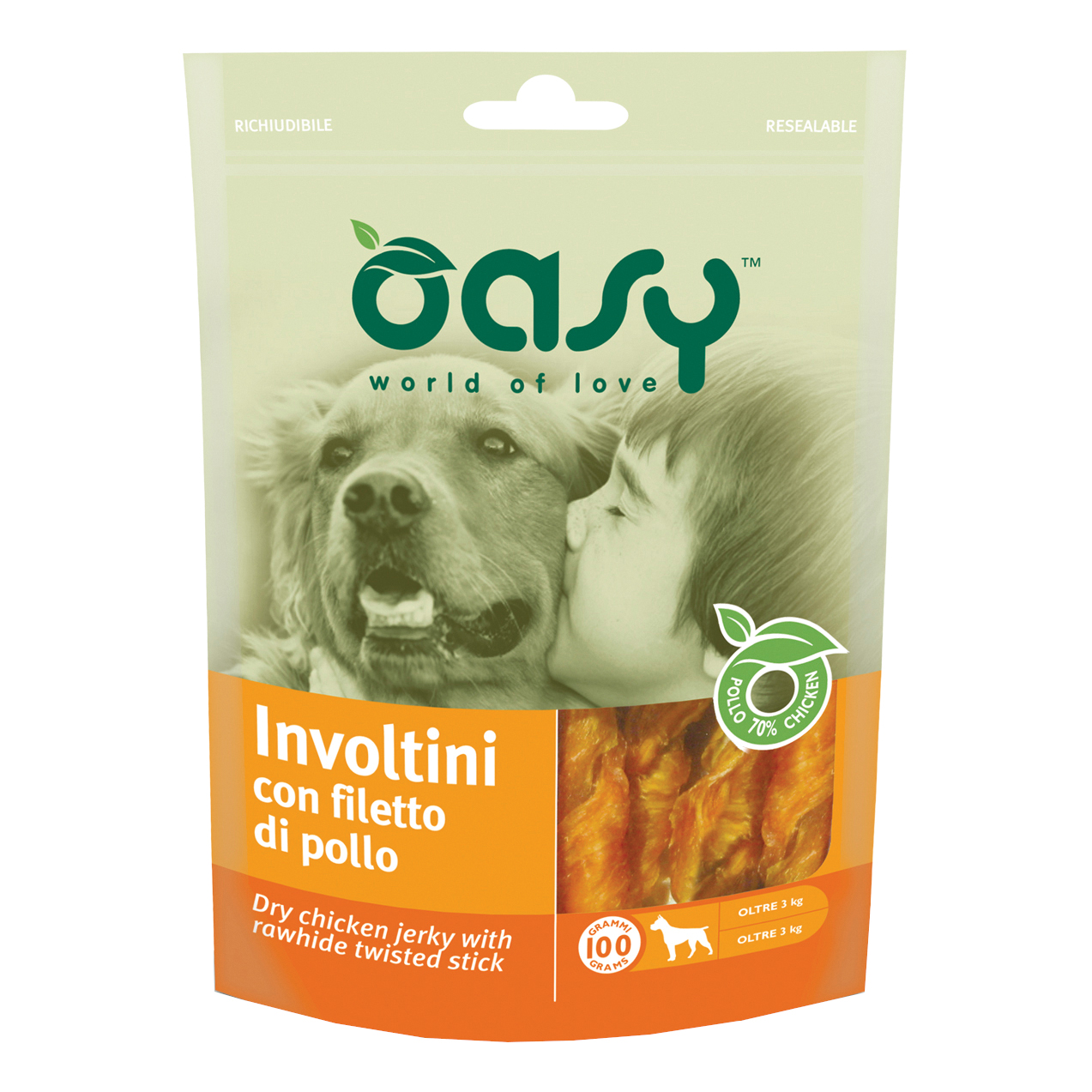 foto del prodotto oasy cane snack busta involtini con filetto di pollo 100 gr