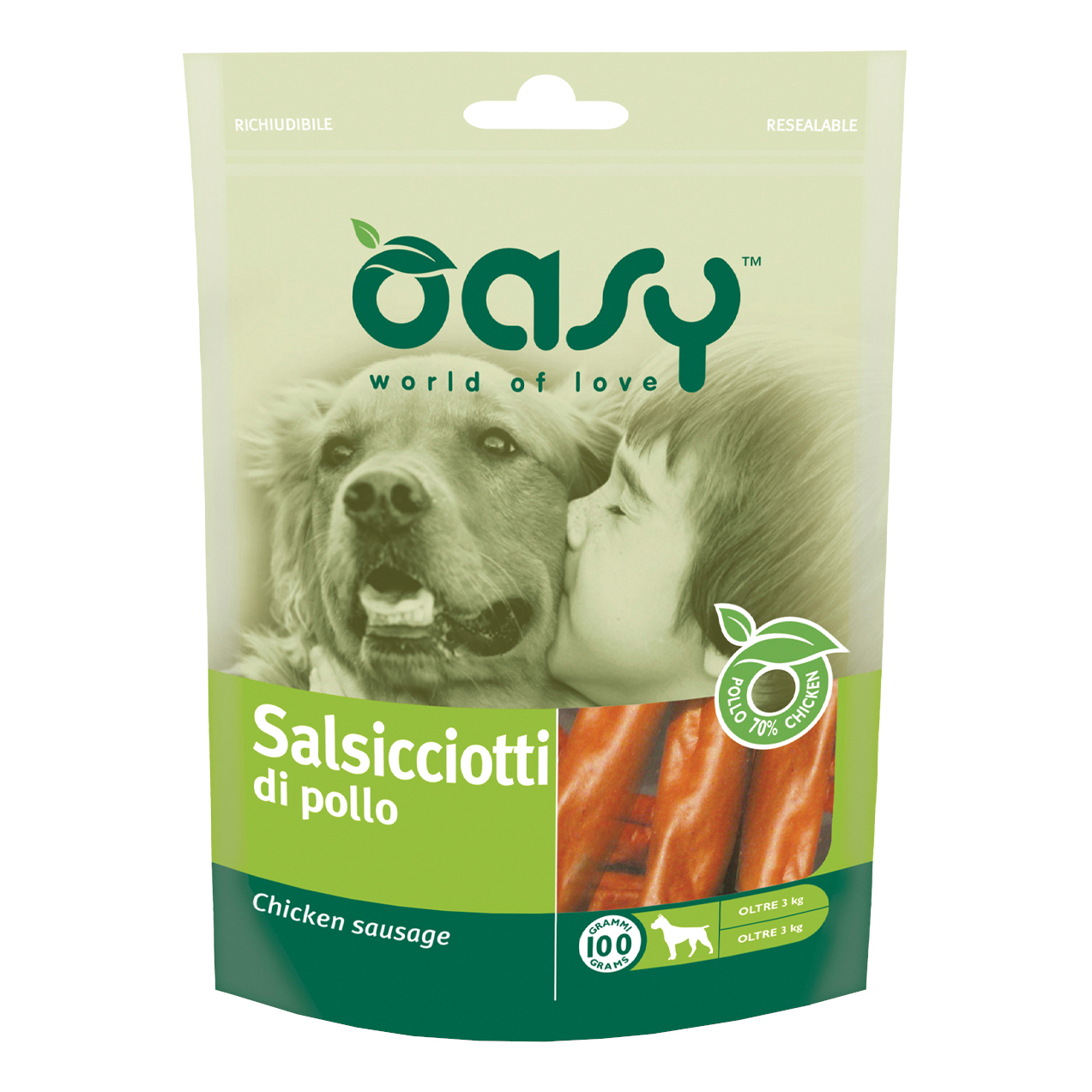 foto del prodotto oasy cane snack busta salsicciotti di pollo 100 gr