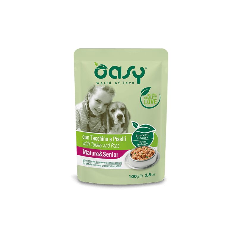 foto del prodotto oasy cane straccetti senior tacchino e piselli 100 gr