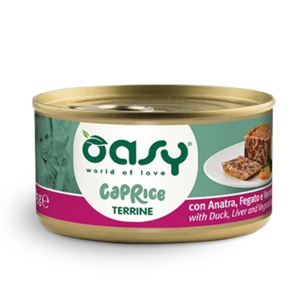foto del prodotto oasy caprice cat adult terrine 85 gr - anatra, fegato e verdure - confezione da 18 pezzi - cibo umido per gatti - 1 ordine scegli lo sconto bzr5 bzr20 200 punti fedeltà