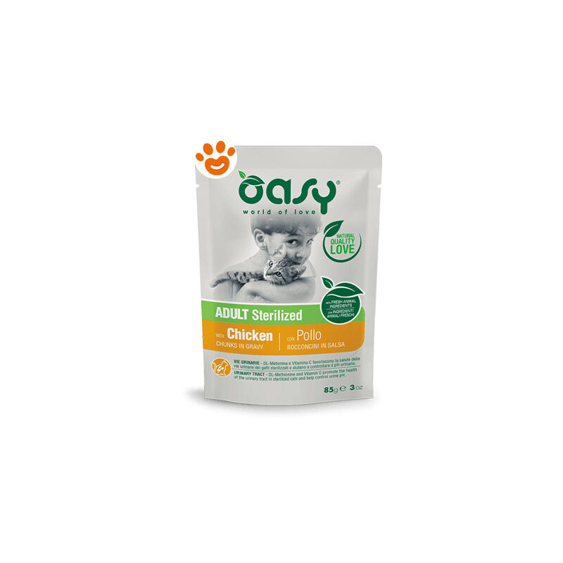 foto del prodotto oasy cat bocconcini in salsa adult sterilizzato con pollo cat bocconcini in salsa adult sterilizzato con pollo bustina da 85 gr
