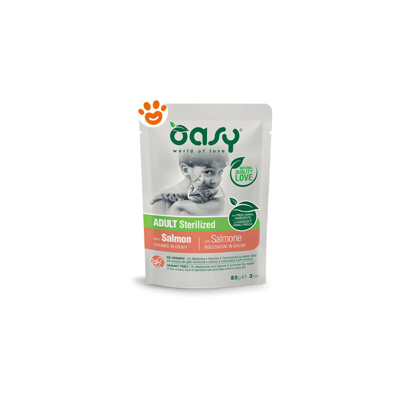foto del prodotto oasy cat bocconcini in salsa adult sterilizzato con salmone cat bocconcini in salsa adult sterilizzato con salmone bustina da 85 gr