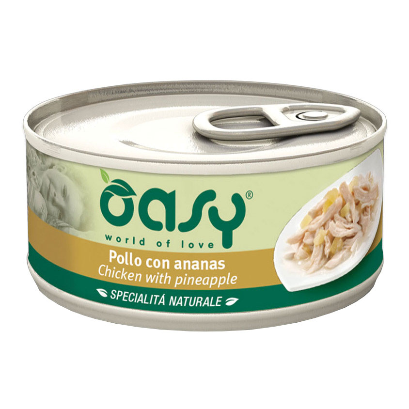 foto del prodotto oasy cat specialit naturali pollo con ananas cat specialit naturali pollo con ananas lattina da 70 gr