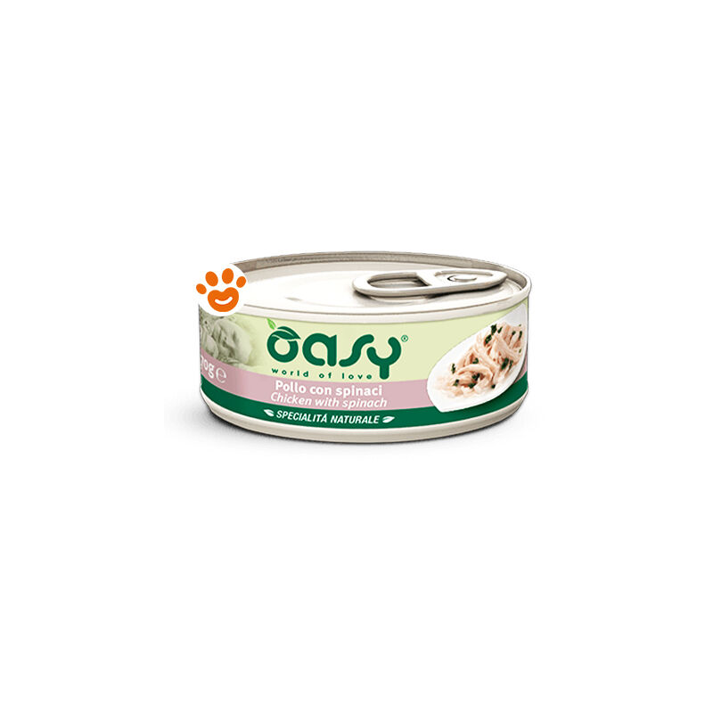 foto del prodotto oasy cat specialit naturali pollo con spinaci oasy cat specialit naturali pollo con spinaci lattina da 70 gr