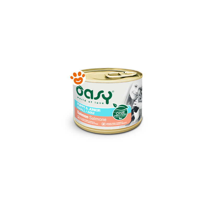 foto del prodotto oasy dog one protein puppy junior small mini salmone dog one protein puppy junior small mini salmone lattina da 200 gr