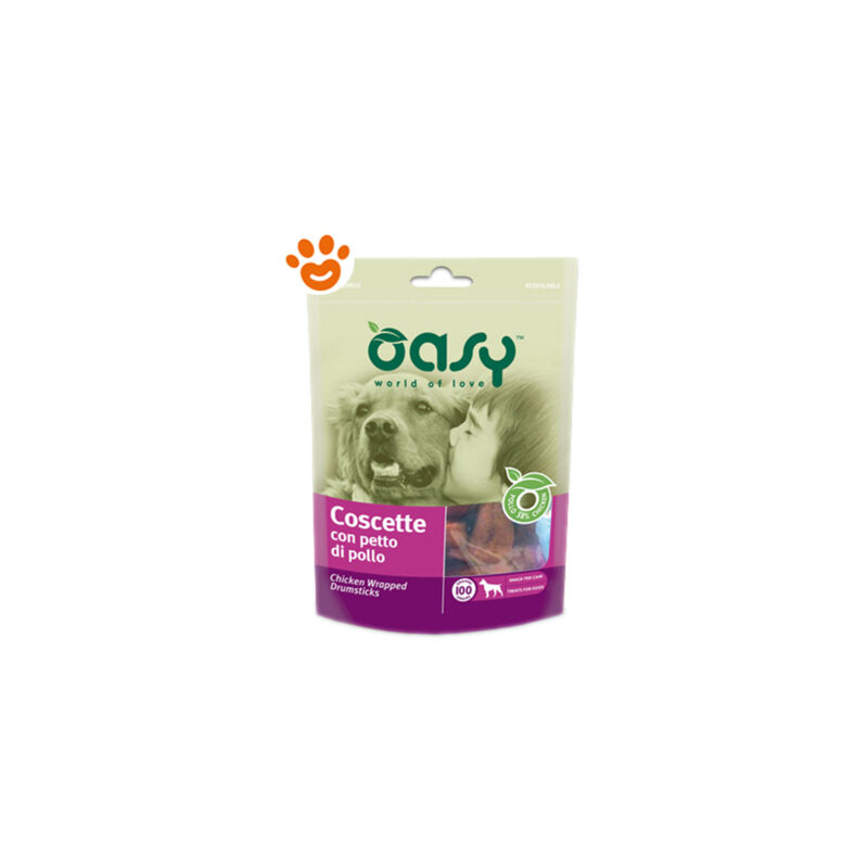 foto del prodotto oasy dog snack coscette con petto di pollo dog snack coscette con petto di pollo confezione da 100 gr