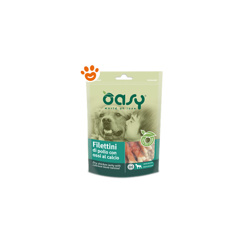 foto del prodotto oasy dog snack filettini di pollo con ossi al calcio dog snack filettini di pollo con ossi al calcio confezione da 100 gr