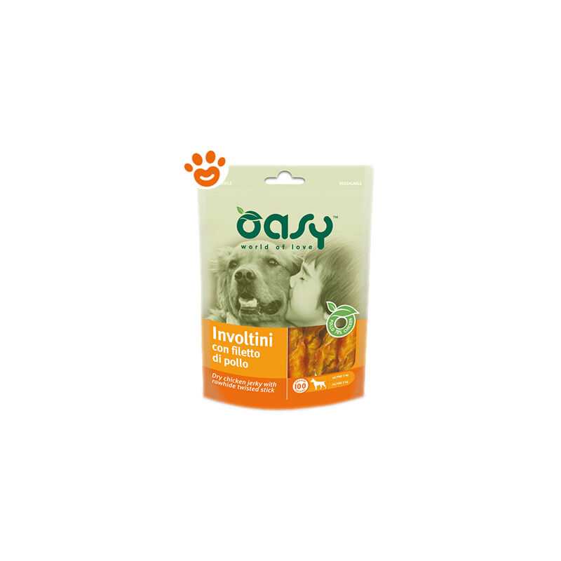 foto del prodotto oasy dog snack involtini con filetto di anatra dog snack involtini con filetto di anatra confezione da 100 gr
