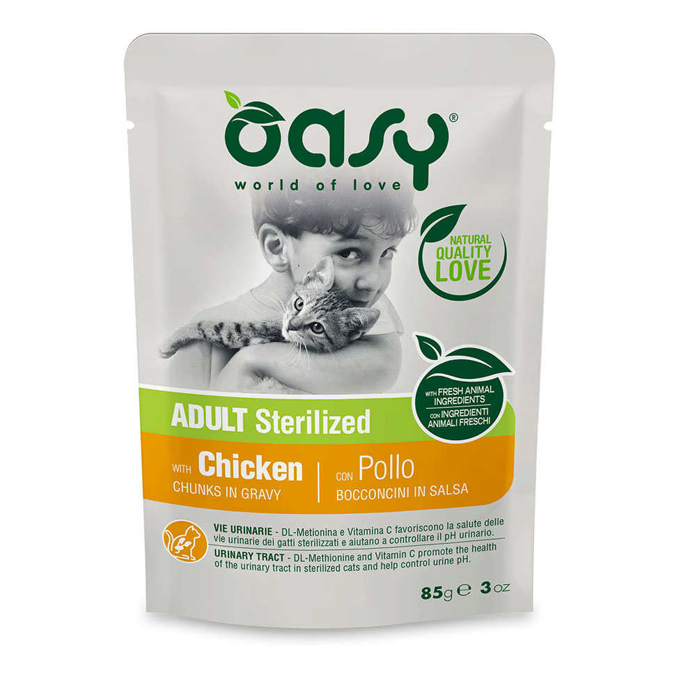 foto del prodotto oasy gatto bocconcini in salsa adulto sterilizzato pollo 85 gr