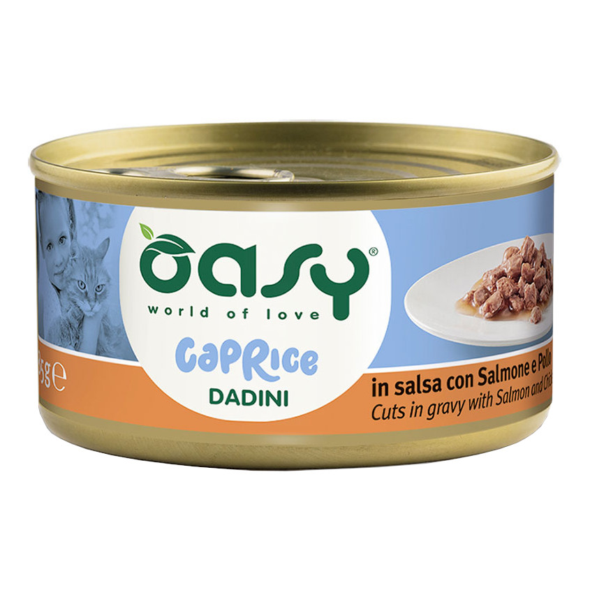 foto del prodotto oasy gatto caprice dadini in salsa adulto salmone amp pollo 85 gr