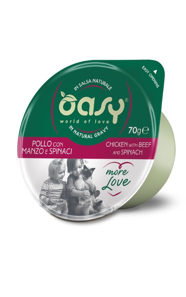 foto del prodotto oasy gatto more love in cup adulto pollo, manzo amp spinaci 70 gr