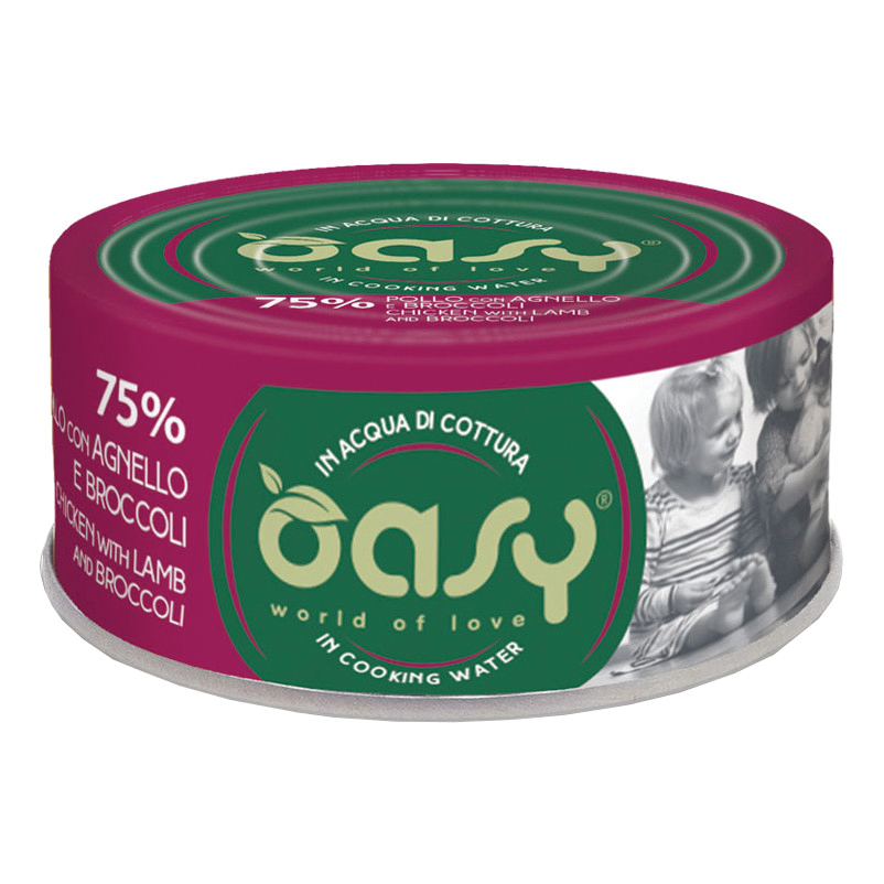 foto del prodotto oasy gatto more love in lattina adulto pollo, agnello amp broccoli 70 gr