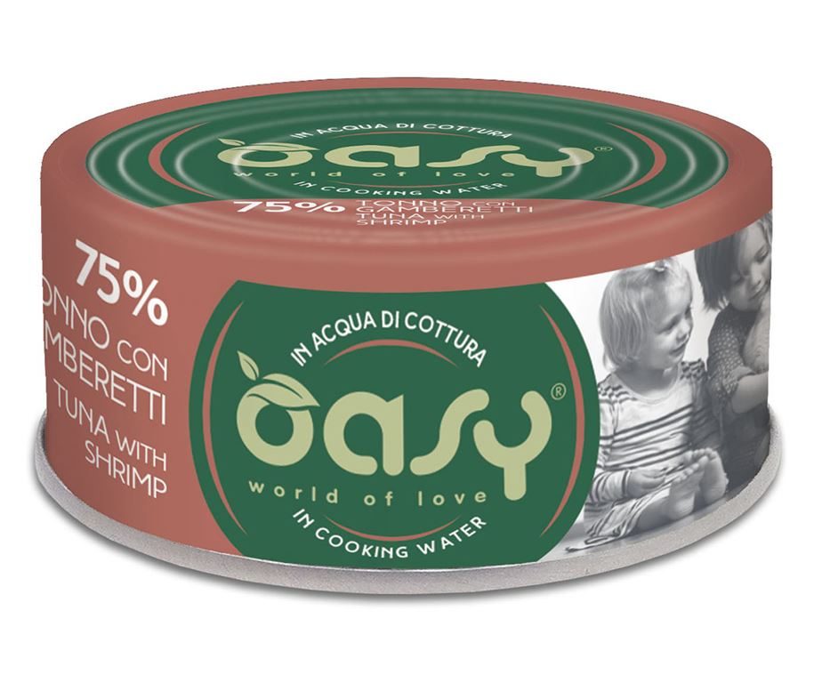 foto del prodotto oasy gatto more love in lattina adulto tonno &amp; gamberetti 70 gr