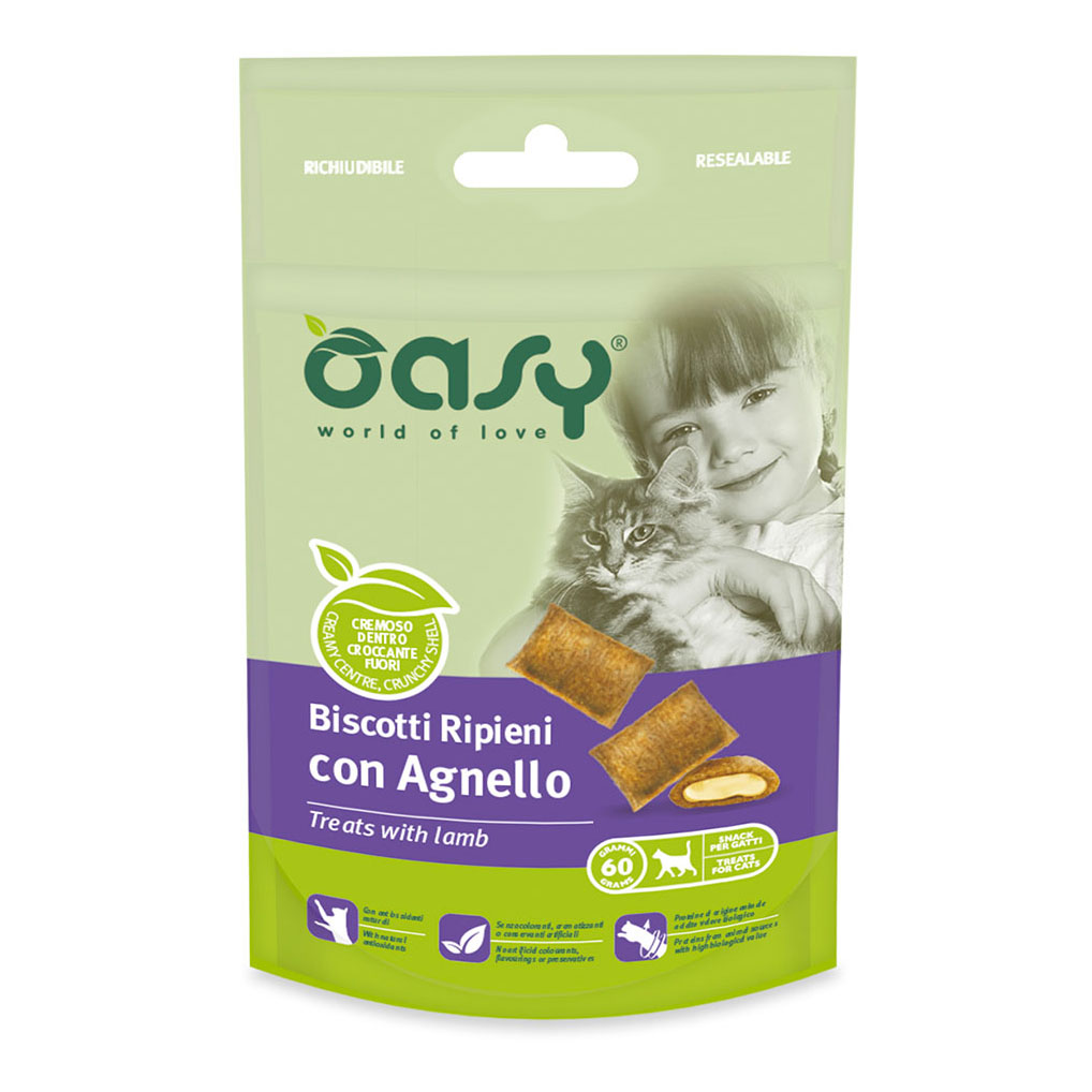 foto del prodotto oasy gatto snack biscotti ripieni adulto agnello 60 gr
