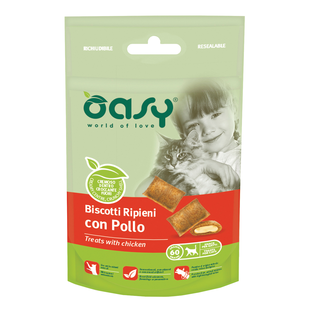 foto del prodotto oasy gatto snack biscotti ripieni adulto pollo 60 gr