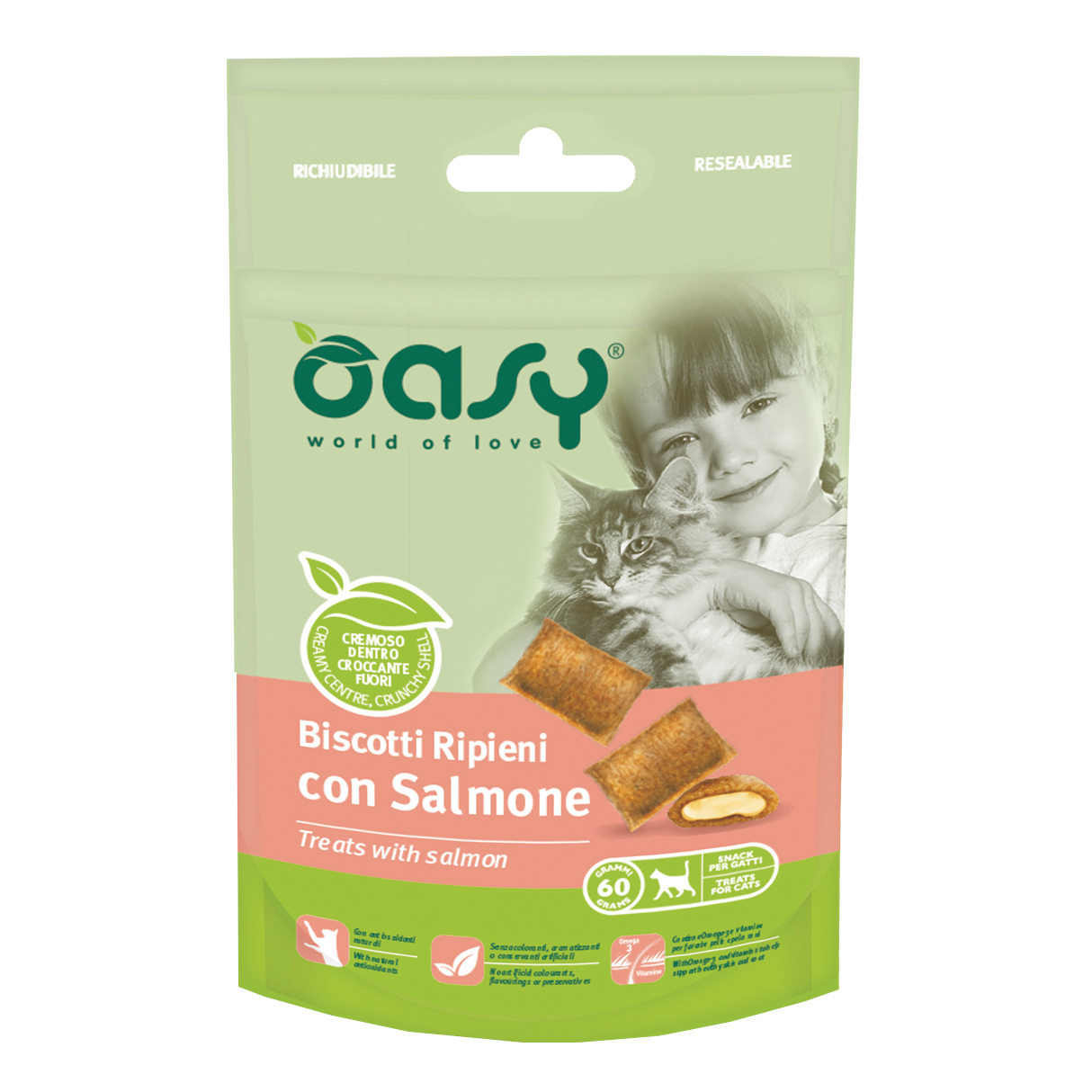 foto del prodotto oasy gatto snack biscotti ripieni adulto salmone 60 gr