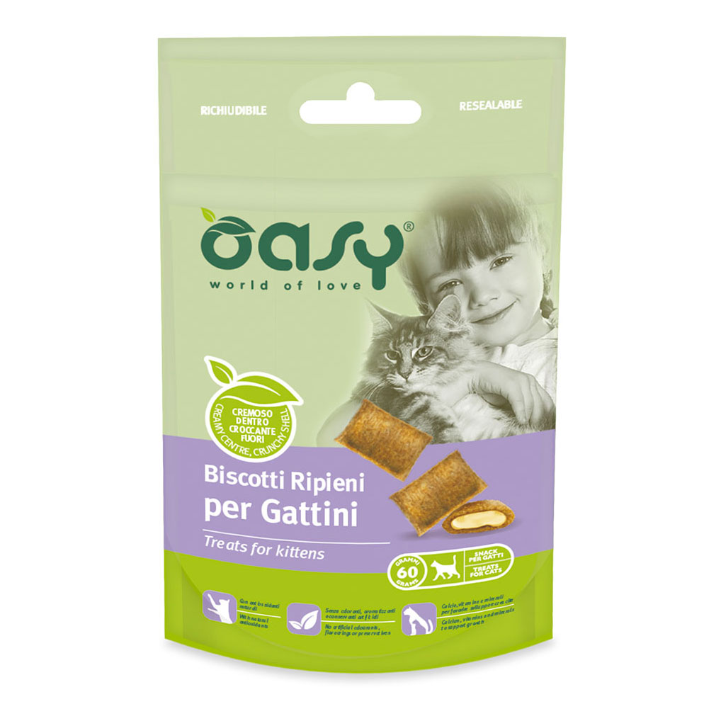 foto del prodotto oasy gatto snack biscotti ripieni kitten pollo 60 gr