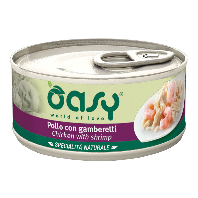 foto del prodotto oasy gatto specialita 039 naturali in lattina adulto pollo amp gamberetti 70 gr