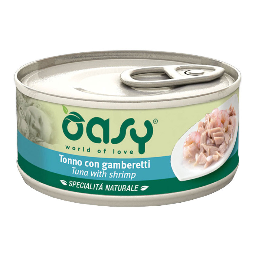 foto del prodotto oasy gatto specialita 039 naturali in lattina adulto tonno amp gamberetti 70 gr