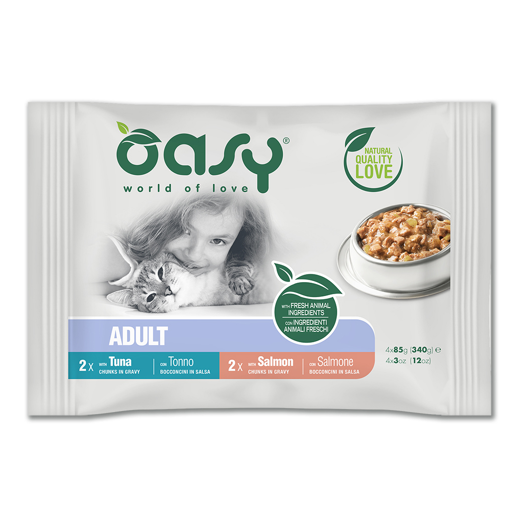 foto del prodotto oasy multipack adult bocconcini in salsa 4 x 85 gr pesce tonno e salmone 1 ordine scegli lo sconto bzr5 bzr20 200 punti fedelt 
