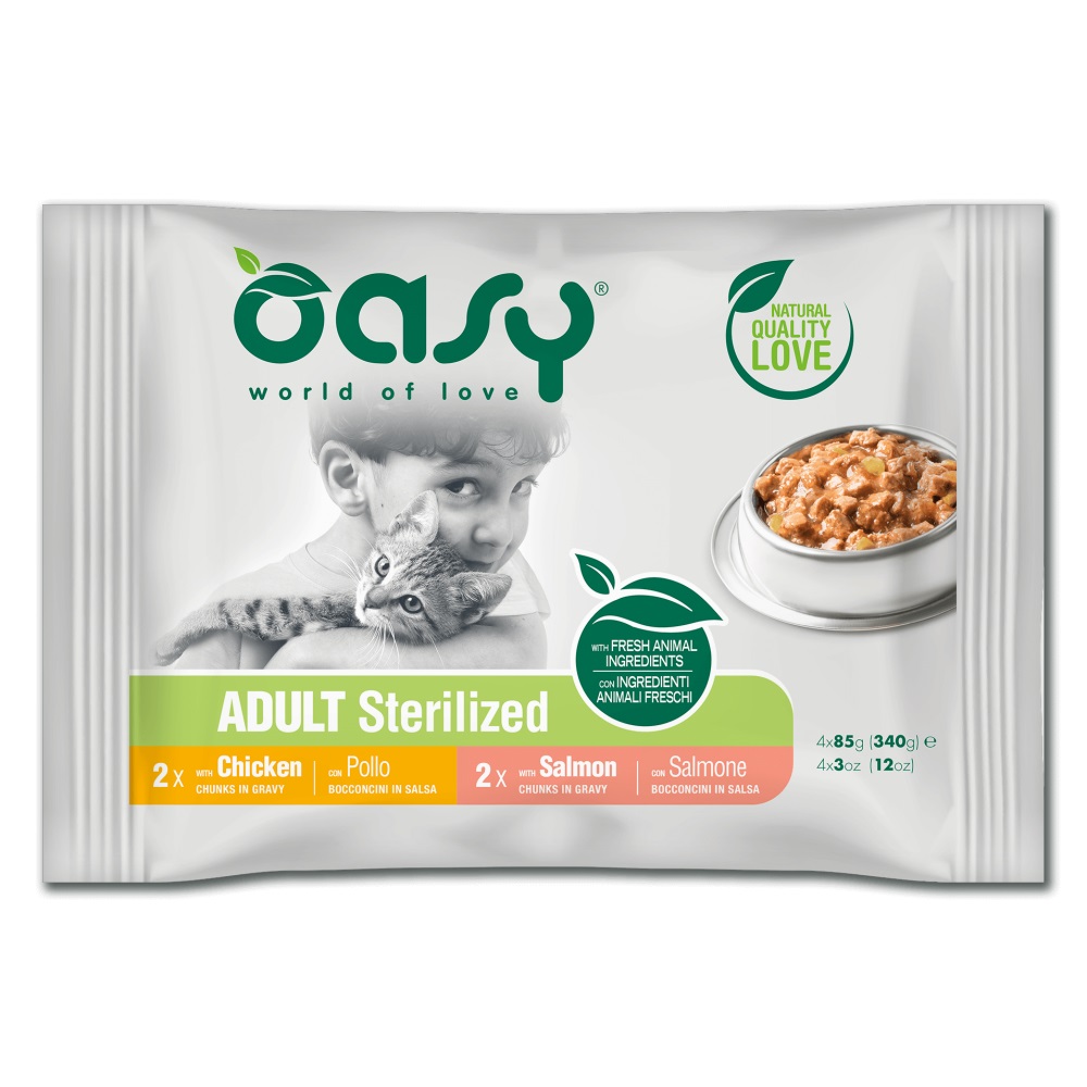 foto del prodotto oasy multipack adult bocconcini in salsa 4 x 85 gr sterilized pollo e salmone 1 ordine scegli lo sconto bzr5 bzr20 200 punti fedelt 