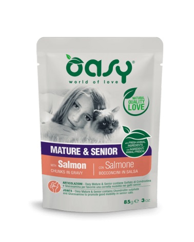 foto del prodotto oasy per gatto mature senior con bocconcini di salmone in