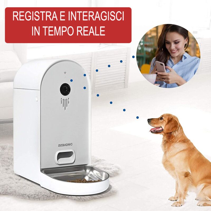 foto del prodotto oba security telecamera per animali con wifi, audio bidirezionale e visione notturna, con distributore di croccantini per cani e gatti