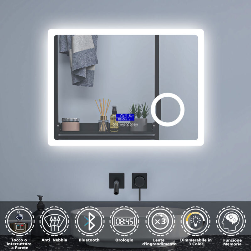 foto del prodotto ocean 80x60cm specchio da bagno rettangolare a led, bluetooth, antiappannamento, lente d ingrandimento, orologio, tri colore dimmerabile