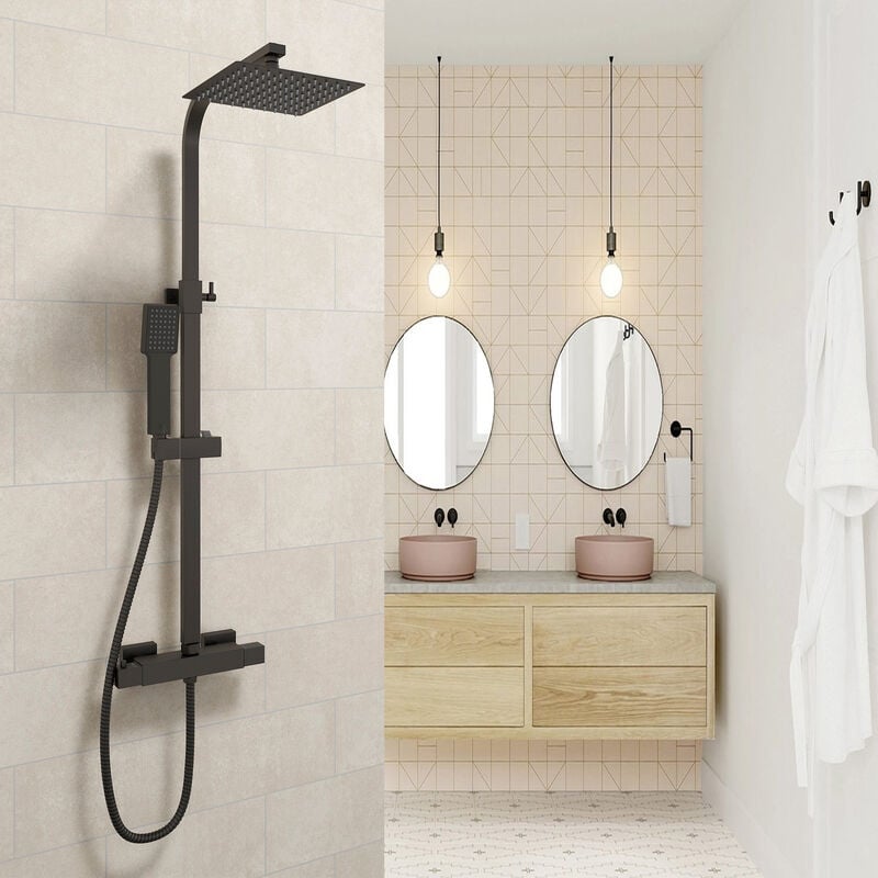 foto del prodotto ocean italy bella doccia con soffione rotante 360 , rubinetto quadrato ottone, colonna doccia termostatico nero opaco