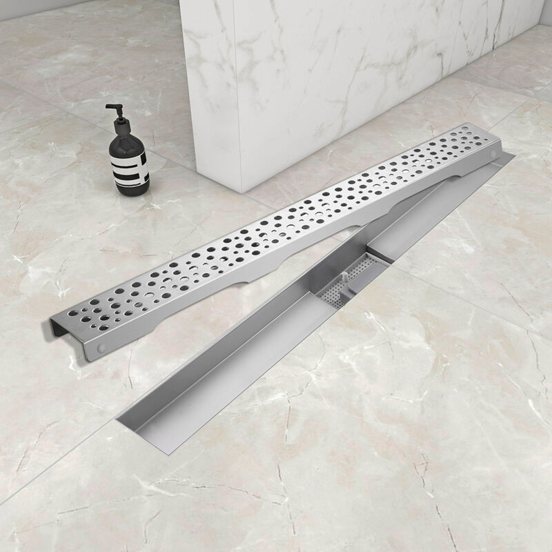foto del prodotto ocean italy canalina di scarico doccia in acciaio inox con griglia a bolle 60cm modello moderno canaletta doccia con sifone antiodore e