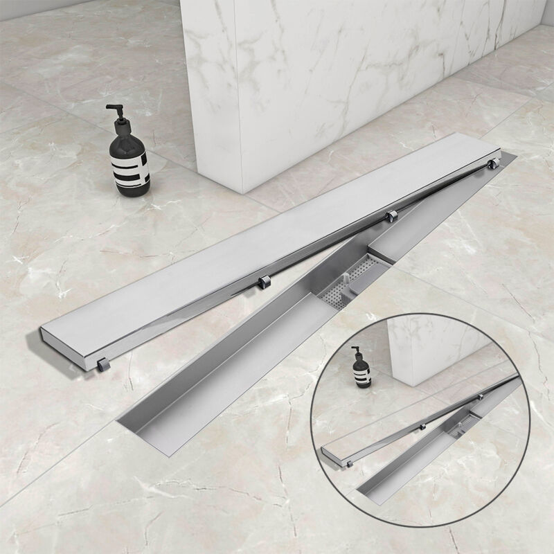 foto del prodotto ocean italy canalina doccia a pavimento 80cm con panello piastrellabile 2 in 1 in acciaio inox scarico doccia con sifone antiodore spazzolato