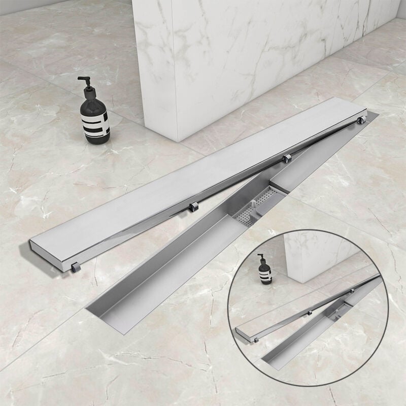foto del prodotto ocean italy canalina doccia a pavimento 90cm con panello piastrellabile 2 in 1 in acciaio inox scarico doccia con sifone antiodore spazzolato